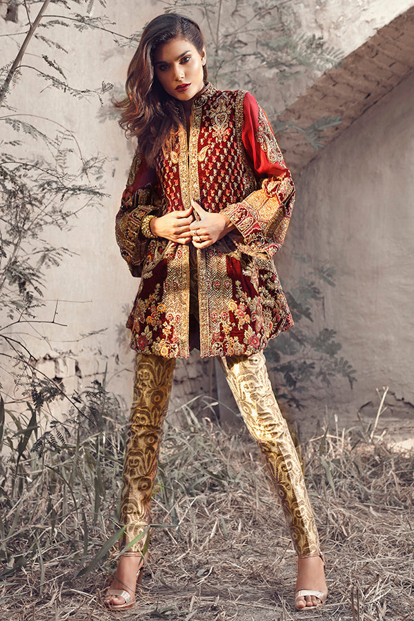 Pakistani Deep Maroon Embroidered Velvet Kameez (2-Piece) - Image 1