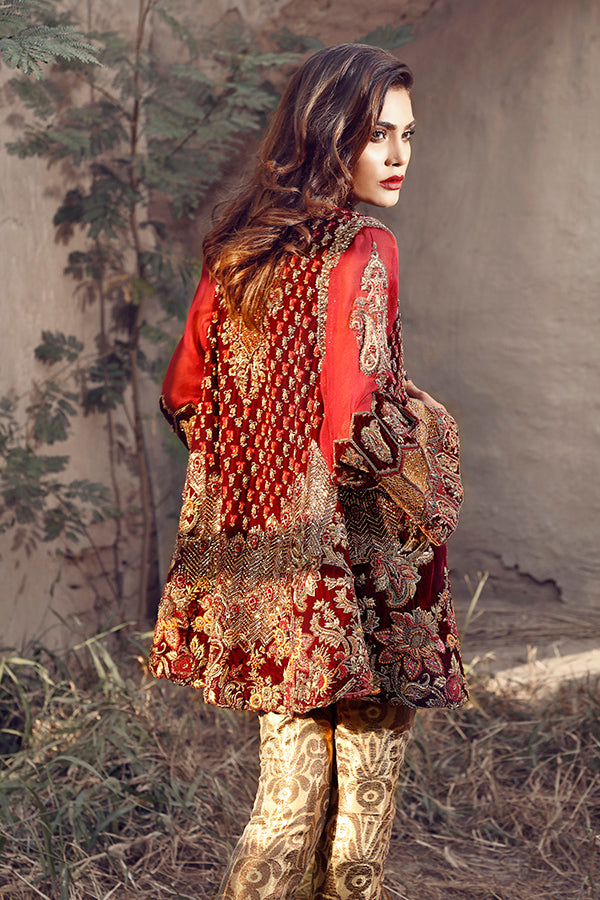 Pakistani Deep Maroon Embroidered Velvet Kameez (2-Piece) - Image 2