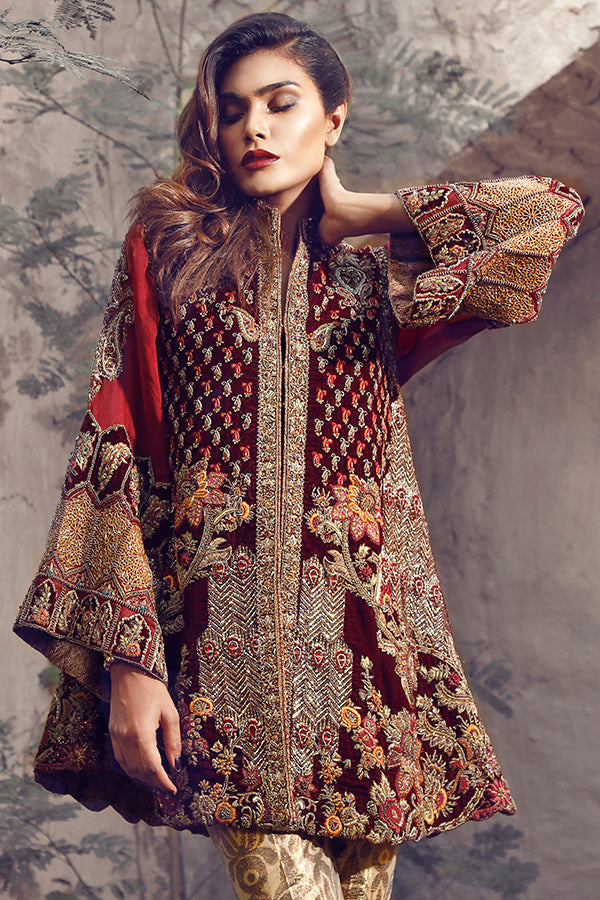 Pakistani Deep Maroon Embroidered Velvet Kameez (2-Piece) - Image 3