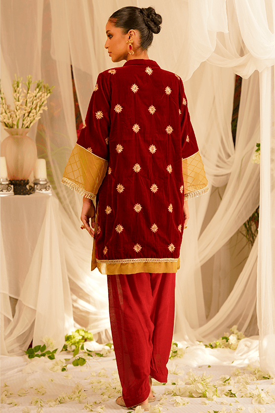 Maroon Embroidered Velvet Salwar Kameez (2-Piece) - Image 5