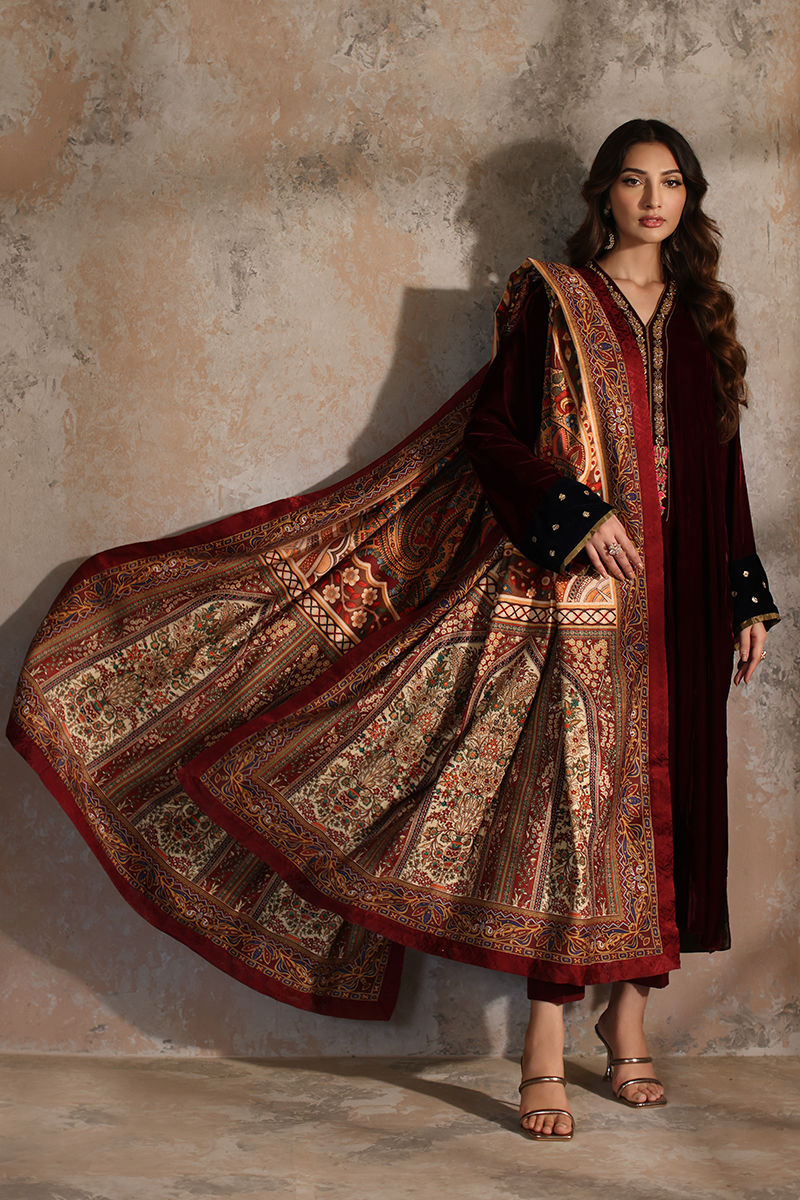 Pakistani Maroon Handworked Velvet Salwar Kameez (3-Piece) - Image 1