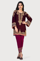 Pakistani Maroon Embroidered Velvet Salwar Kameez (3-Piece) - Image 2