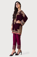 Pakistani Maroon Embroidered Velvet Salwar Kameez (3-Piece) - Image 4