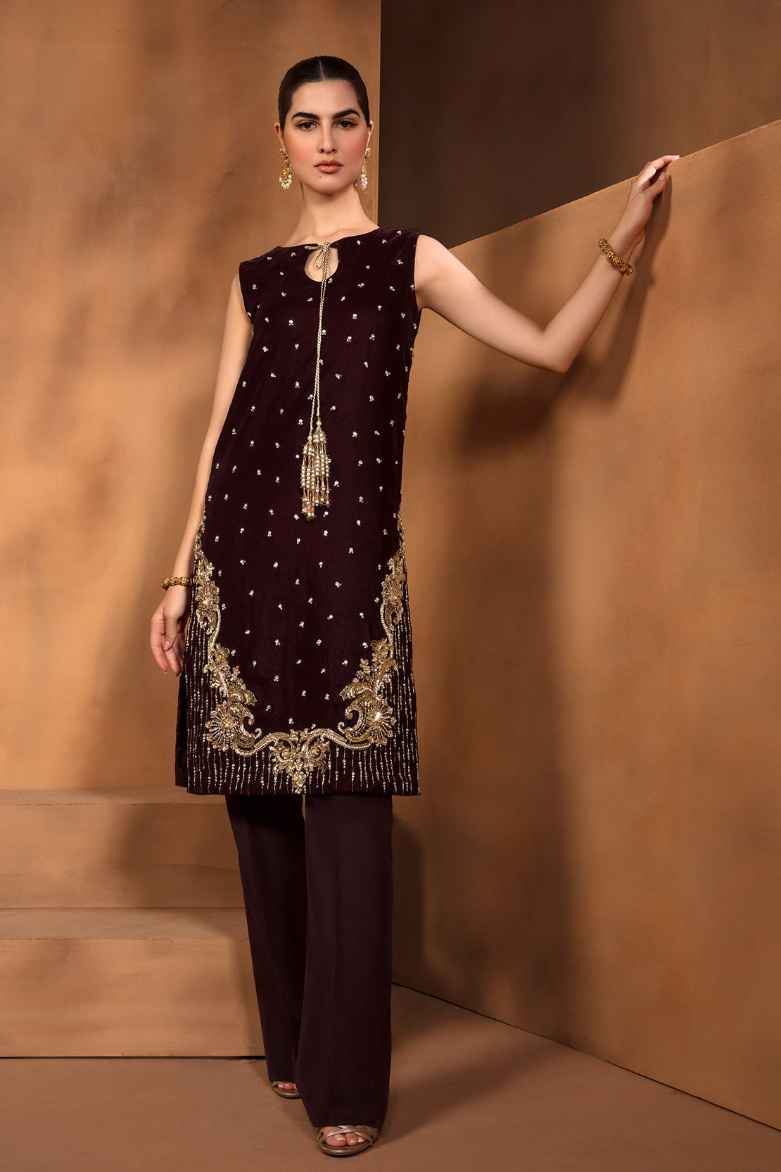 Pakistani Deep Maroon Swarovski Velvet Salwar Kameez (2-Piece) - Image 1