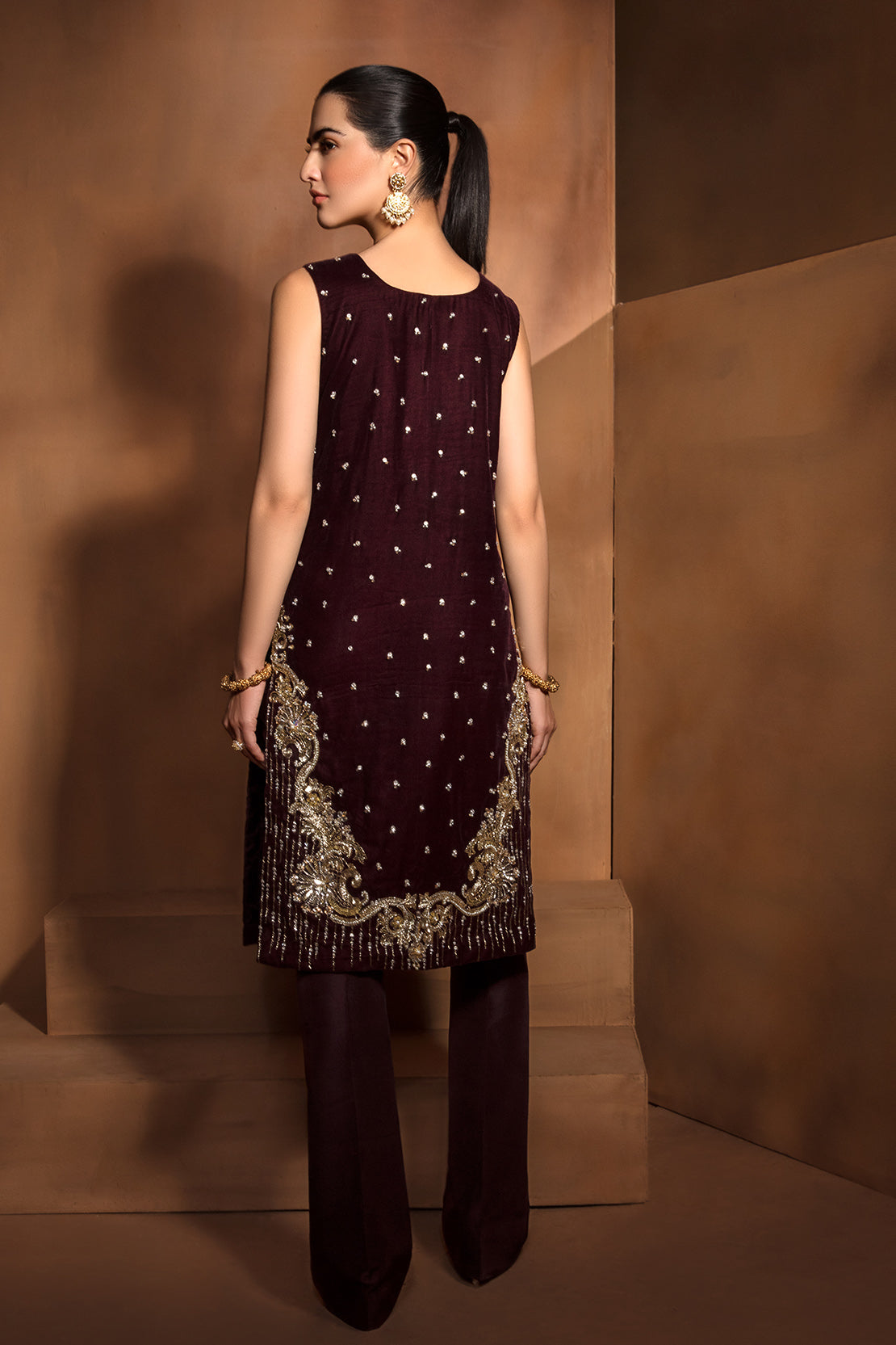 Pakistani Deep Maroon Swarovski Velvet Salwar Kameez (2-Piece) - Image 2