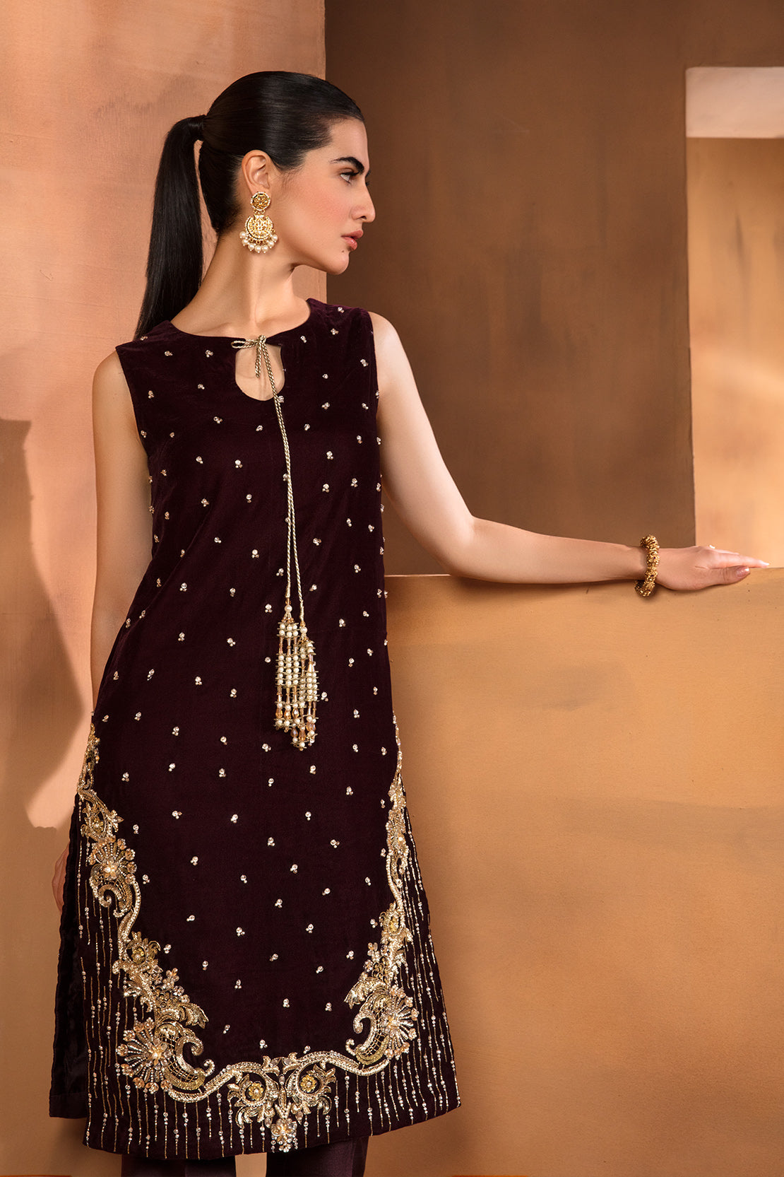 Pakistani Deep Maroon Swarovski Velvet Salwar Kameez (2-Piece) - Image 3