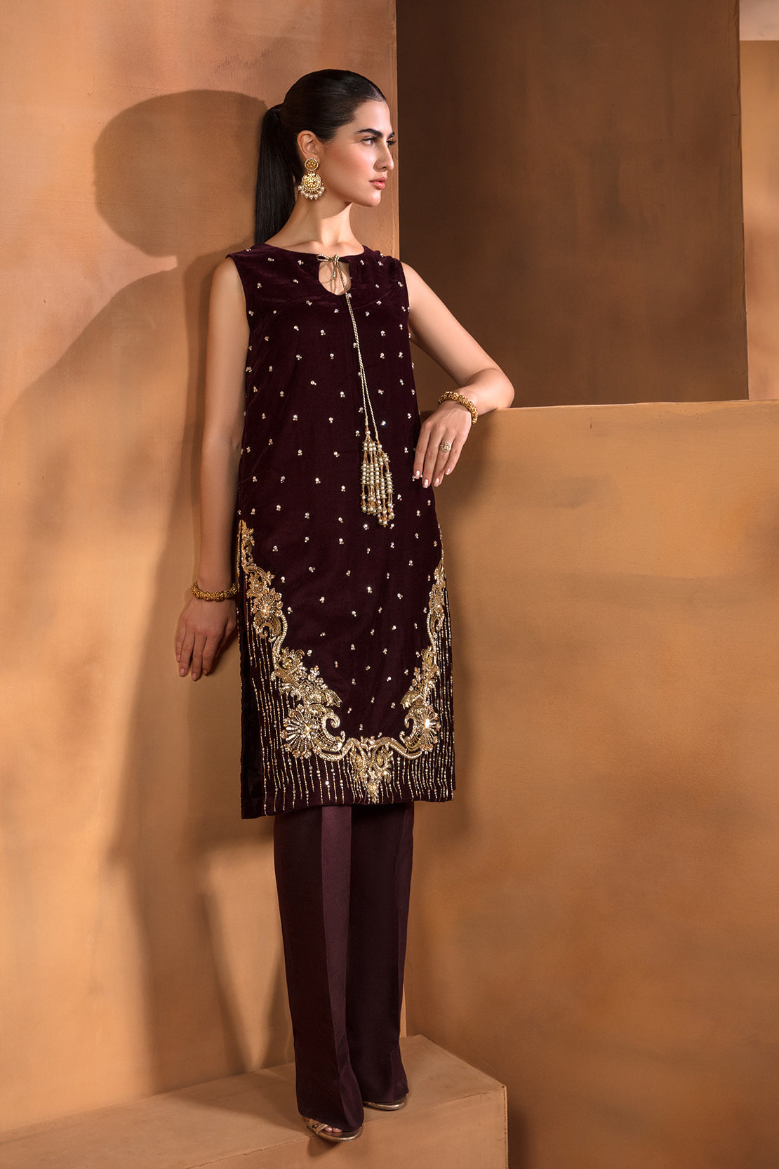 Pakistani Deep Maroon Swarovski Velvet Salwar Kameez (2-Piece) - Image 5