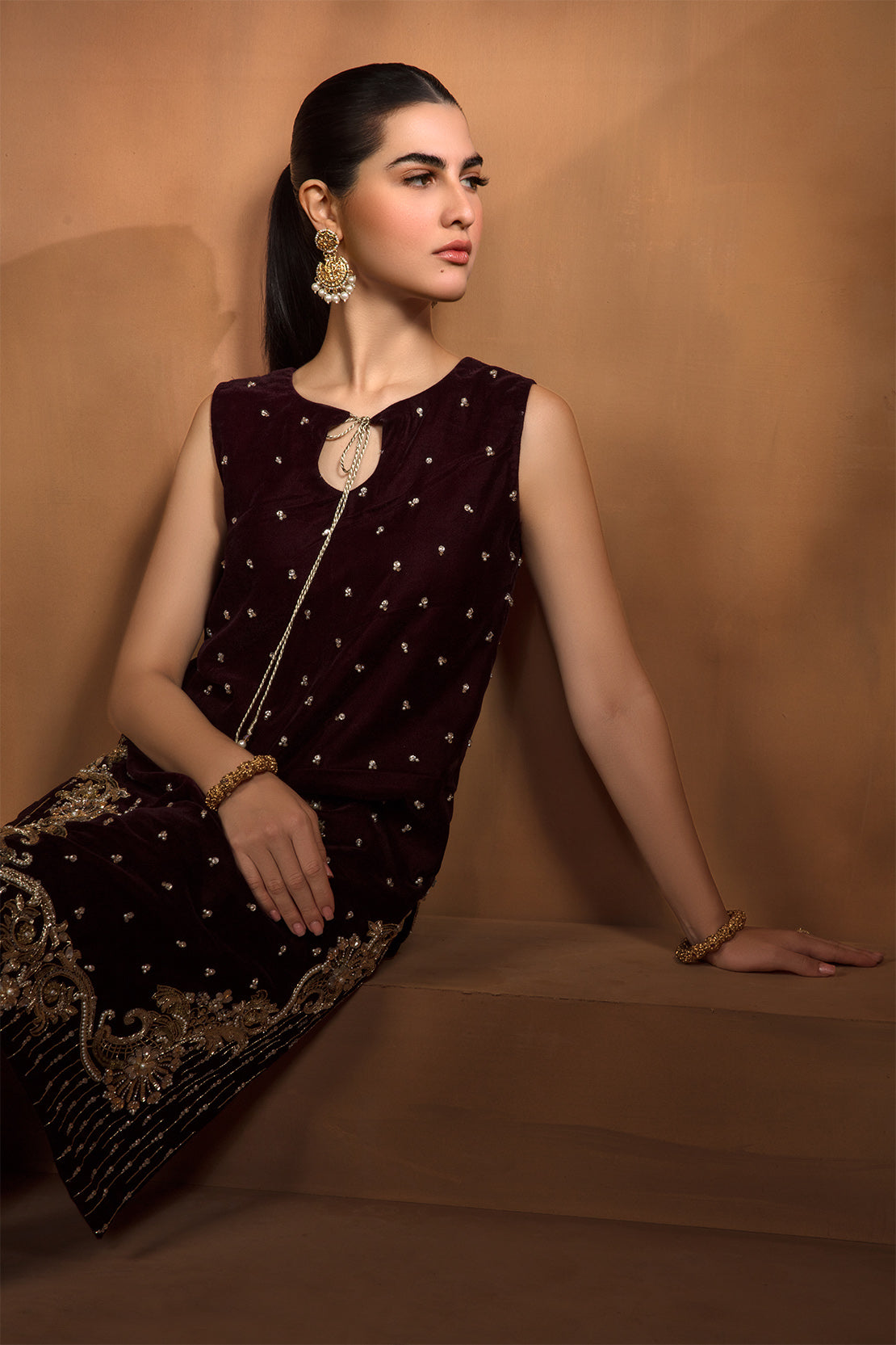 Pakistani Deep Maroon Swarovski Velvet Salwar Kameez (2-Piece) - Image 6