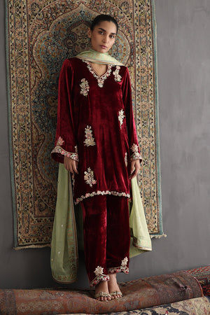 Maroon Embroidered Pure Velvet Salwar Kameez (3-Piece) - Image 1