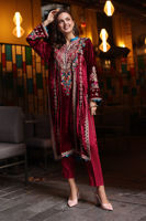 Pakistani Maroon Embroidered Velvet Salwar Kameez (3-Piece) - Image 2