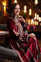 Pakistani Maroon Embroidered Velvet Salwar Kameez (3-Piece) - Image 6