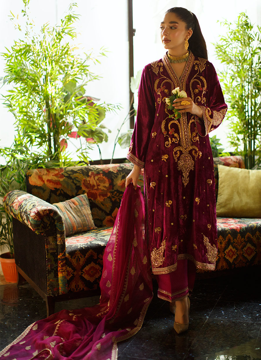 Deep Berry Hand-Worked Velvet Salwar Kameez (3-Piece) - Image 1