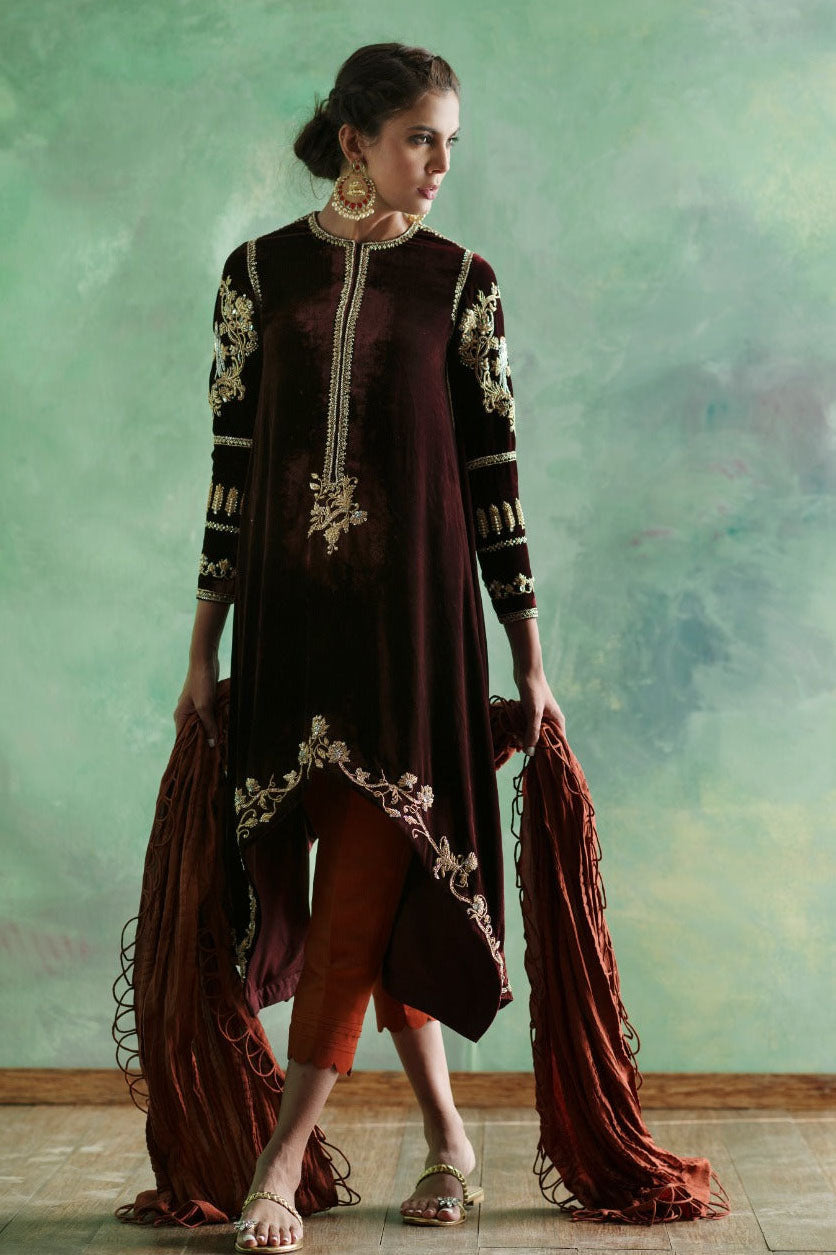 Pakistani Burgundy Zardozi Pure Velvet High-Low Tunic (3-Piece) - Image 1