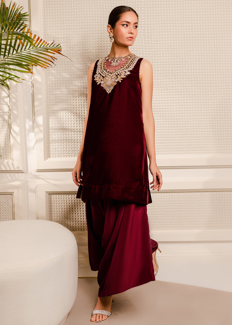 Maroon Zardozi Velvet Shirt with Silk Pants (2-Piece) - Image 1