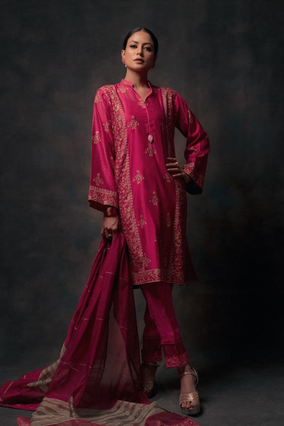Maroon Block Print Woven Salwar Kameez (3-Piece) - Image 1
