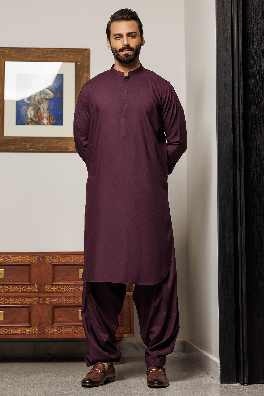 Burgundy Boski Linen Kurta Shalwar (2-Piece) - Image 1