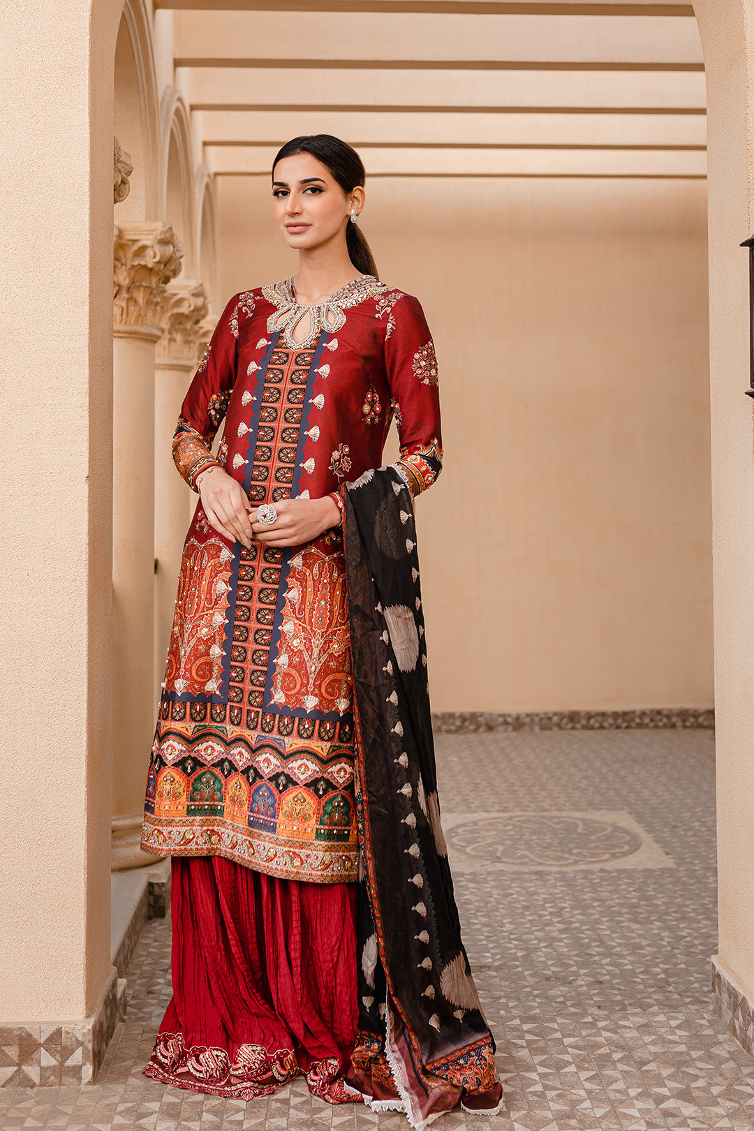 Deep Maroon Printed Blended Silk Sharara (3-Piece) - Image 1