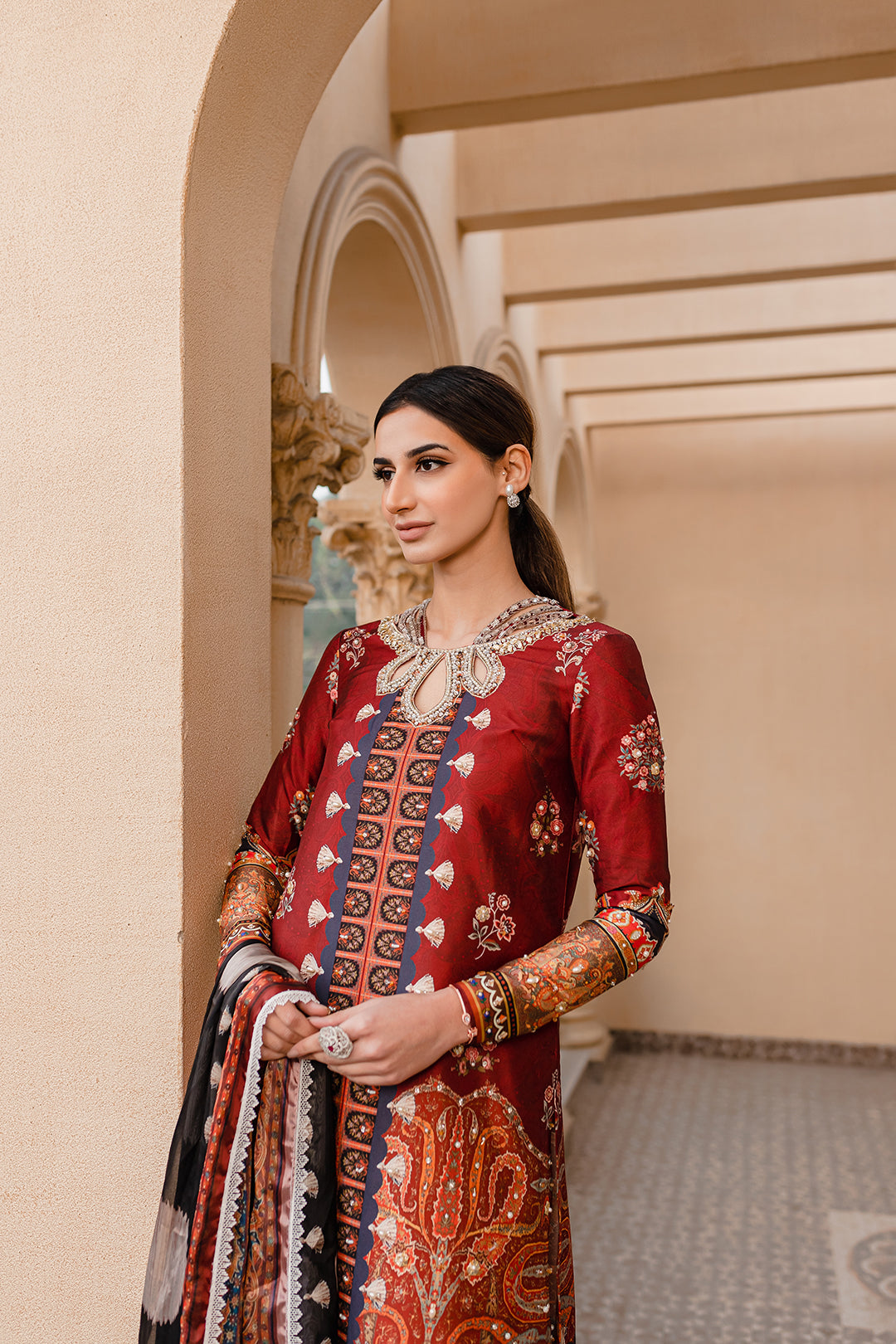 Deep Maroon Printed Blended Silk Sharara (3-Piece) - Image 2
