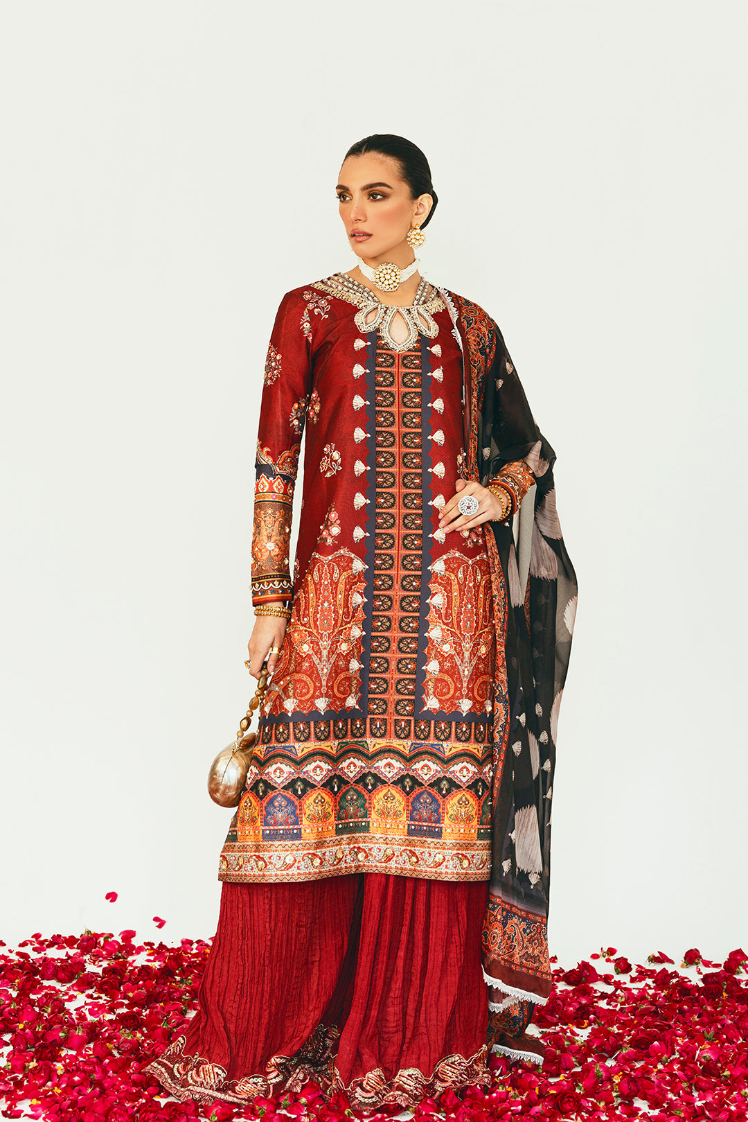 Deep Maroon Printed Blended Silk Sharara (3-Piece) - Image 3