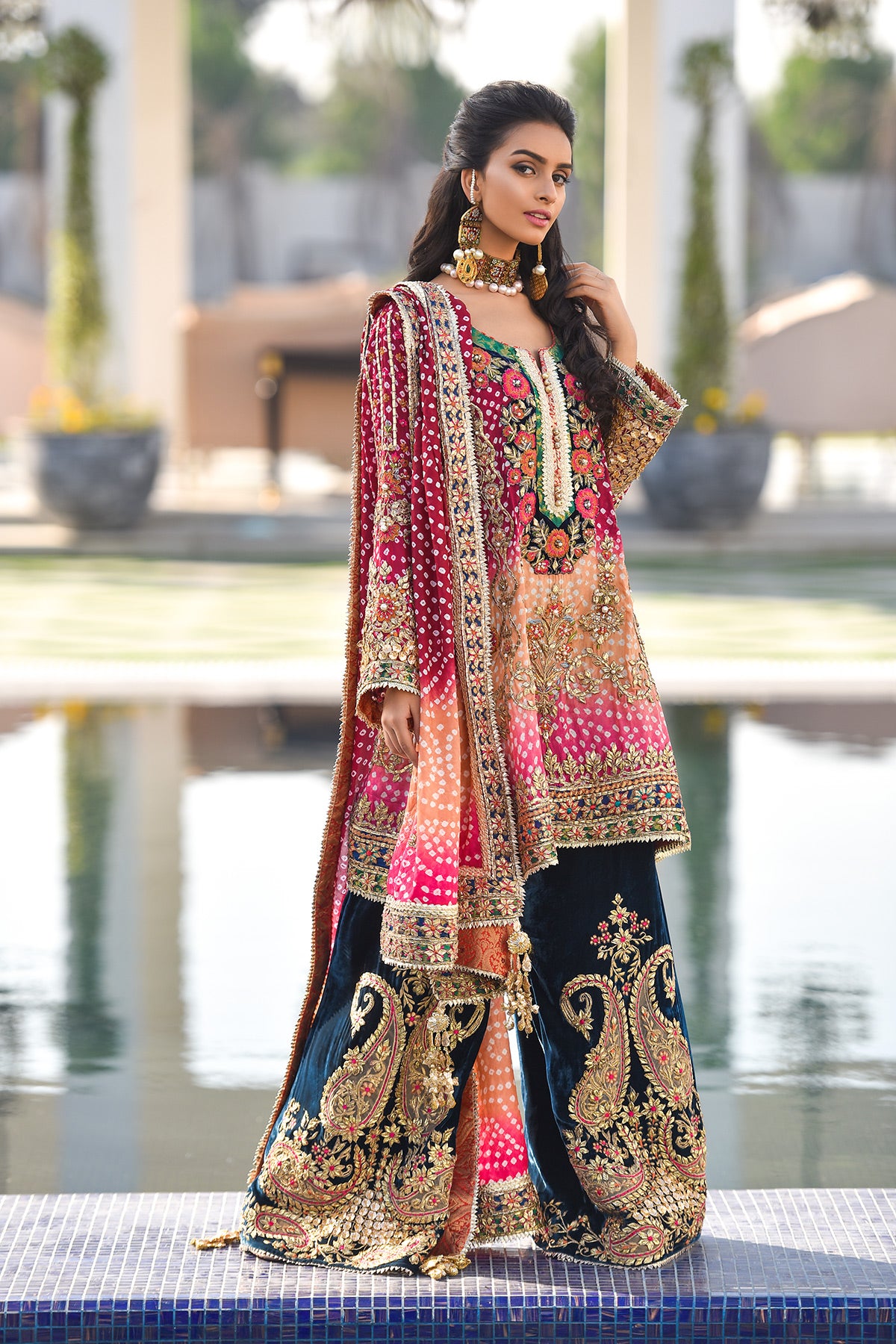 Maroon Gota & Thread Embroidered Chunri Velvet Sharara (3-Piece) - Image 1