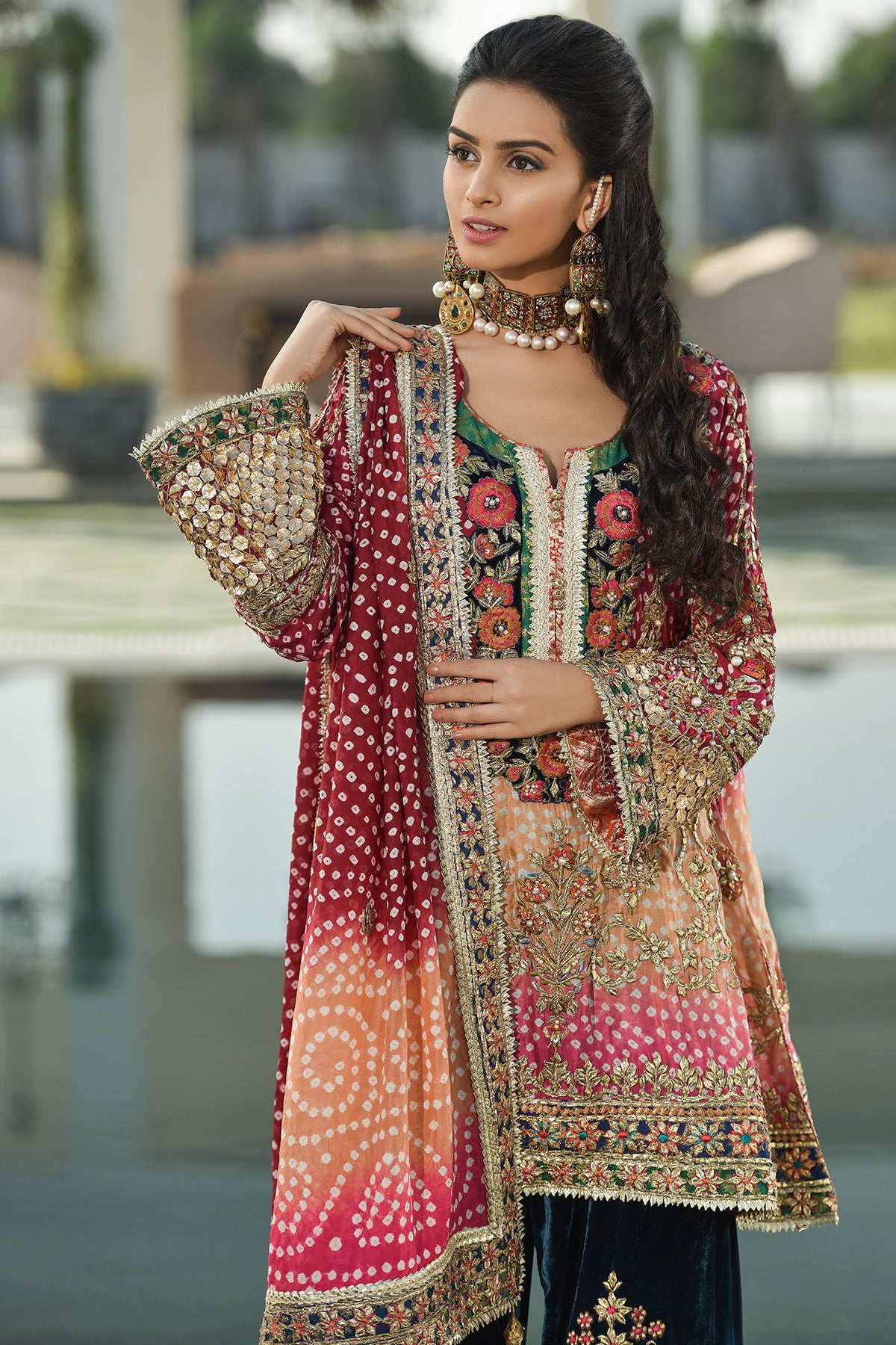 Maroon Gota & Thread Embroidered Chunri Velvet Sharara (3-Piece) - Image 2