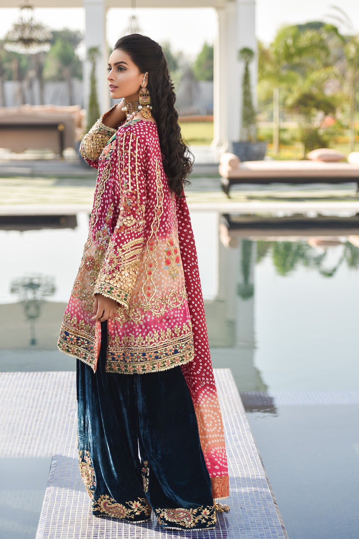 Maroon Gota & Thread Embroidered Chunri Velvet Sharara (3-Piece) - Image 3