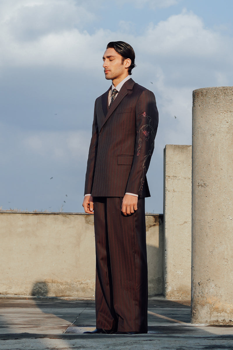 Burgundy Striped Embroidered Wool Suit (2-Piece) - Image 1