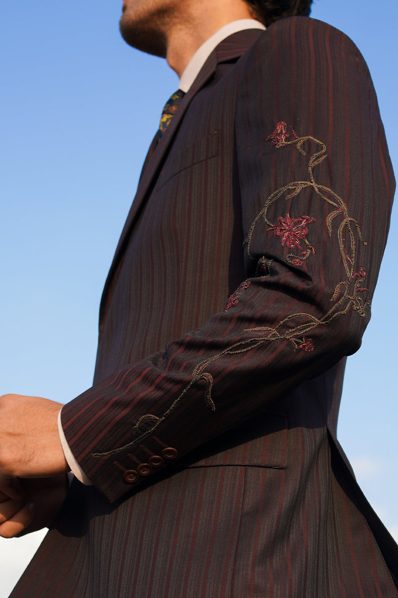 Burgundy Striped Embroidered Wool Suit (2-Piece) - Image 2