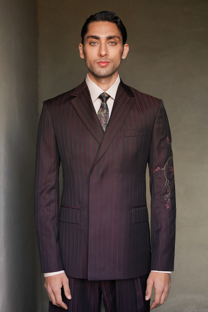 Burgundy Striped Embroidered Wool Suit (2-Piece) - Image 3