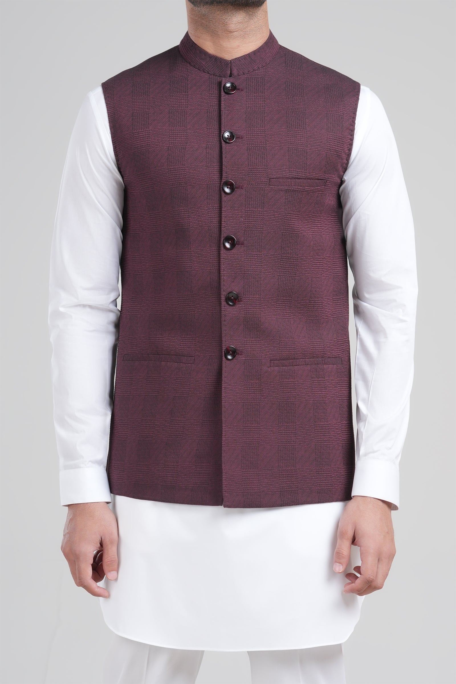 Maroon Jacquard Cotton Waistcoat (1-Pc) - Image 2
