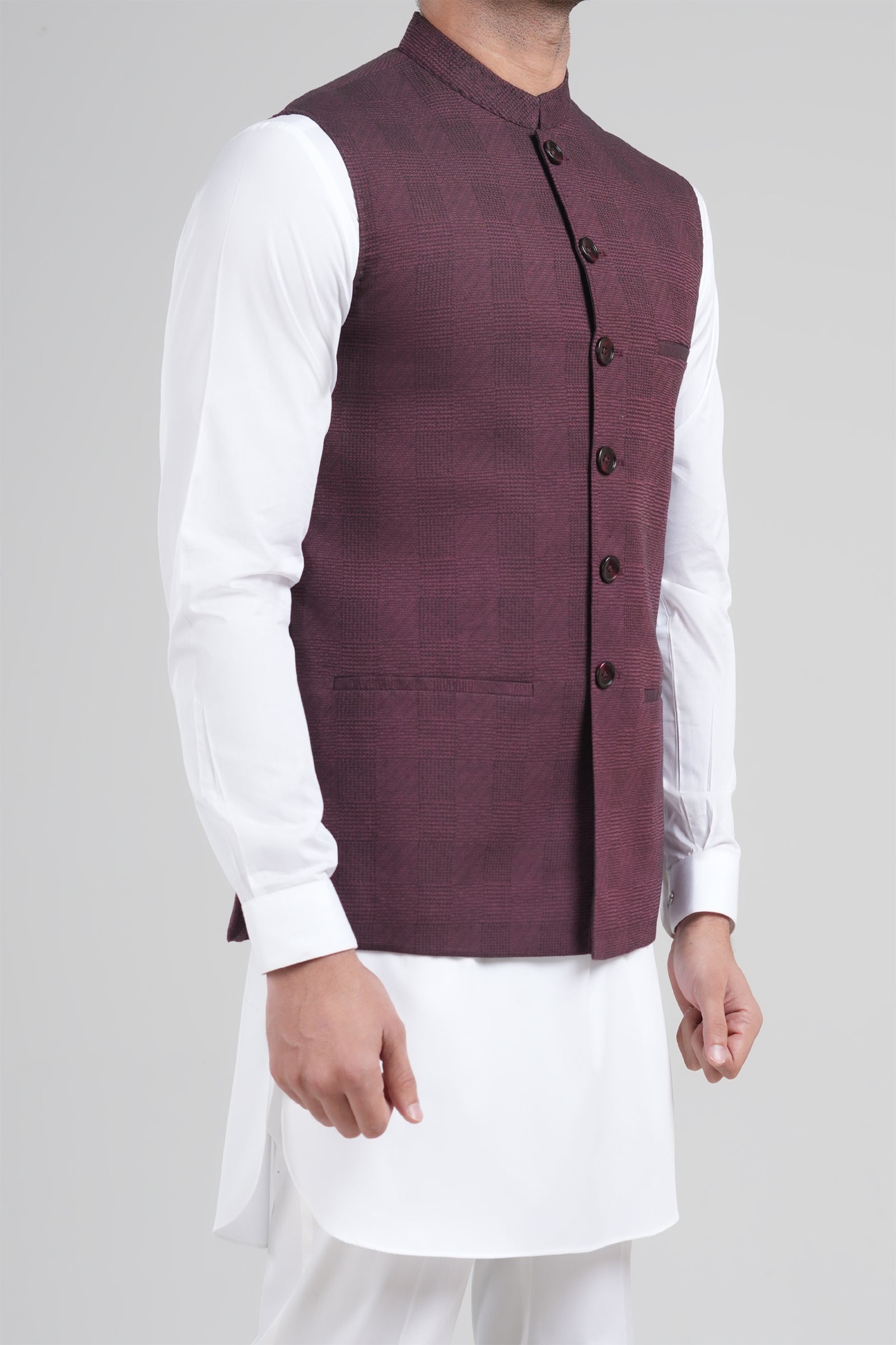 Maroon Jacquard Cotton Waistcoat (1-Pc) - Image 3