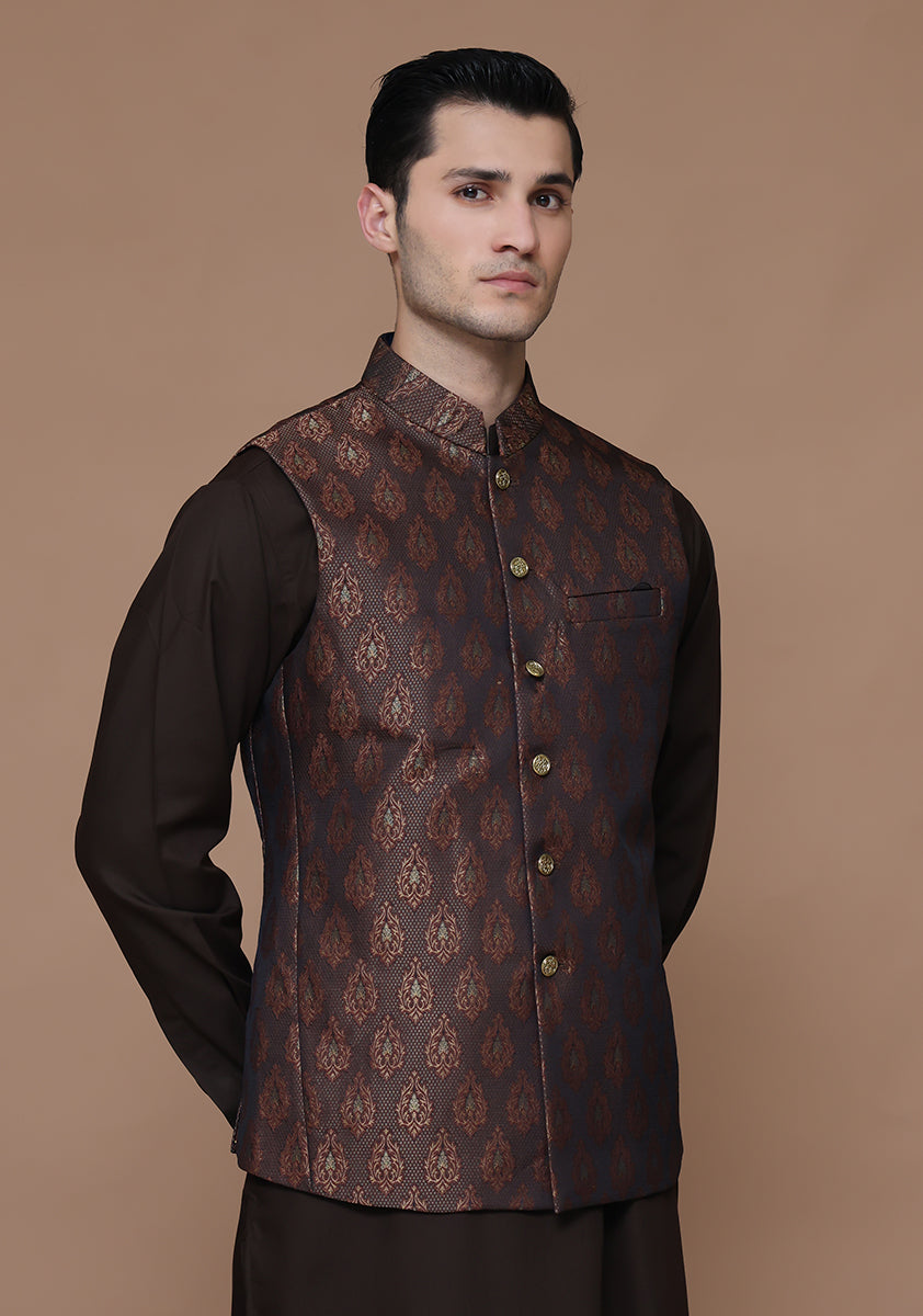 Maroon Woven Jamawar Waistcoat (2-Piece) - Image 1