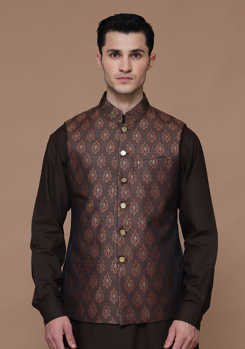 Maroon Woven Jamawar Waistcoat (2-Piece) - Image 2