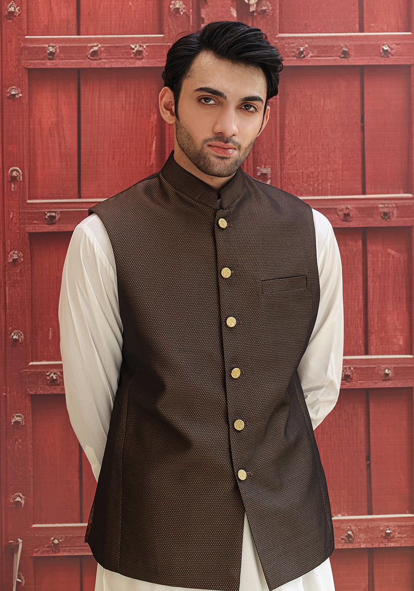 Maroon Woven Jamawar Waistcoat (3-Piece) - Image 1