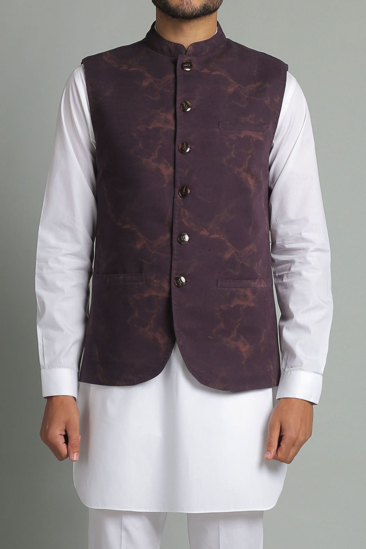 Burgundy Digital Printed Cotton-Blend Waistcoat Kurta (3-Piece) - Image 1
