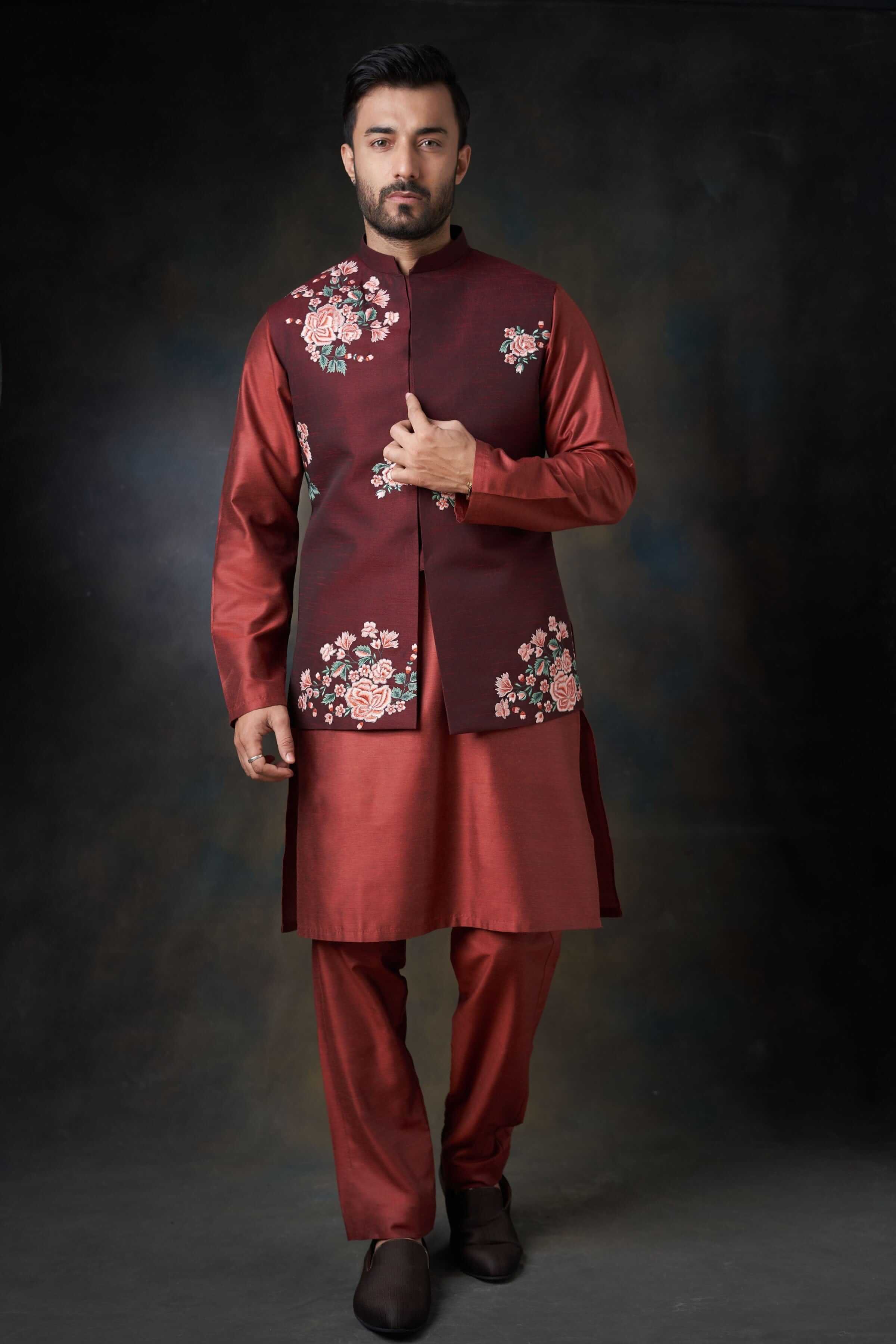 Deep Maroon Hand-Embroidered Cotton Waistcoat Kurta (3-Piece) - Image 1