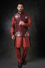Deep Maroon Hand-Embroidered Cotton Waistcoat Kurta (3-Piece) - Image 2