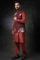 Deep Maroon Hand-Embroidered Cotton Waistcoat Kurta (3-Piece) - Image 3