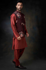 Deep Maroon Hand-Embroidered Cotton Waistcoat Kurta (3-Piece) - Image 4