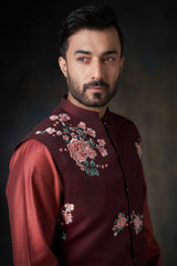 Deep Maroon Hand-Embroidered Cotton Waistcoat Kurta (3-Piece) - Image 5