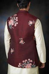 Deep Maroon Hand-Embroidered Cotton Waistcoat Kurta (3-Piece) - Image 7
