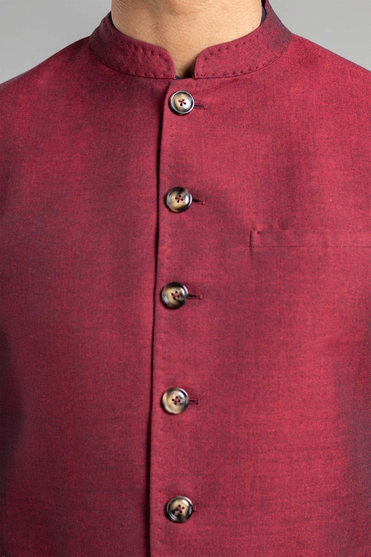 Maroon Cotton-Linen Waistcoat Kurta (2-Piece) - Image 1
