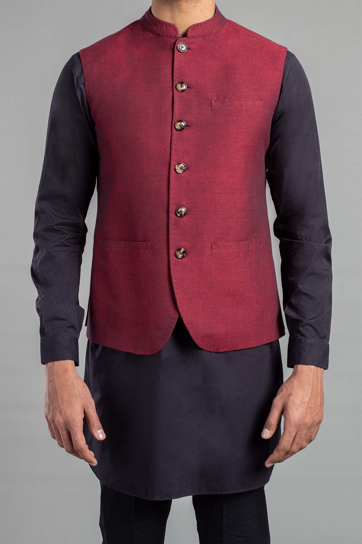 Maroon Cotton-Linen Waistcoat Kurta (2-Piece) - Image 2