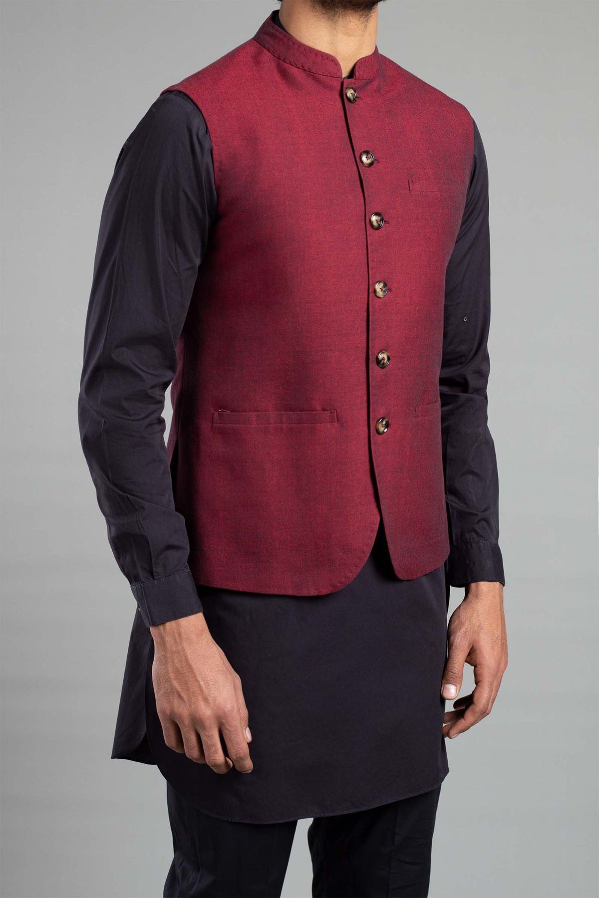Maroon Cotton-Linen Waistcoat Kurta (2-Piece) - Image 3