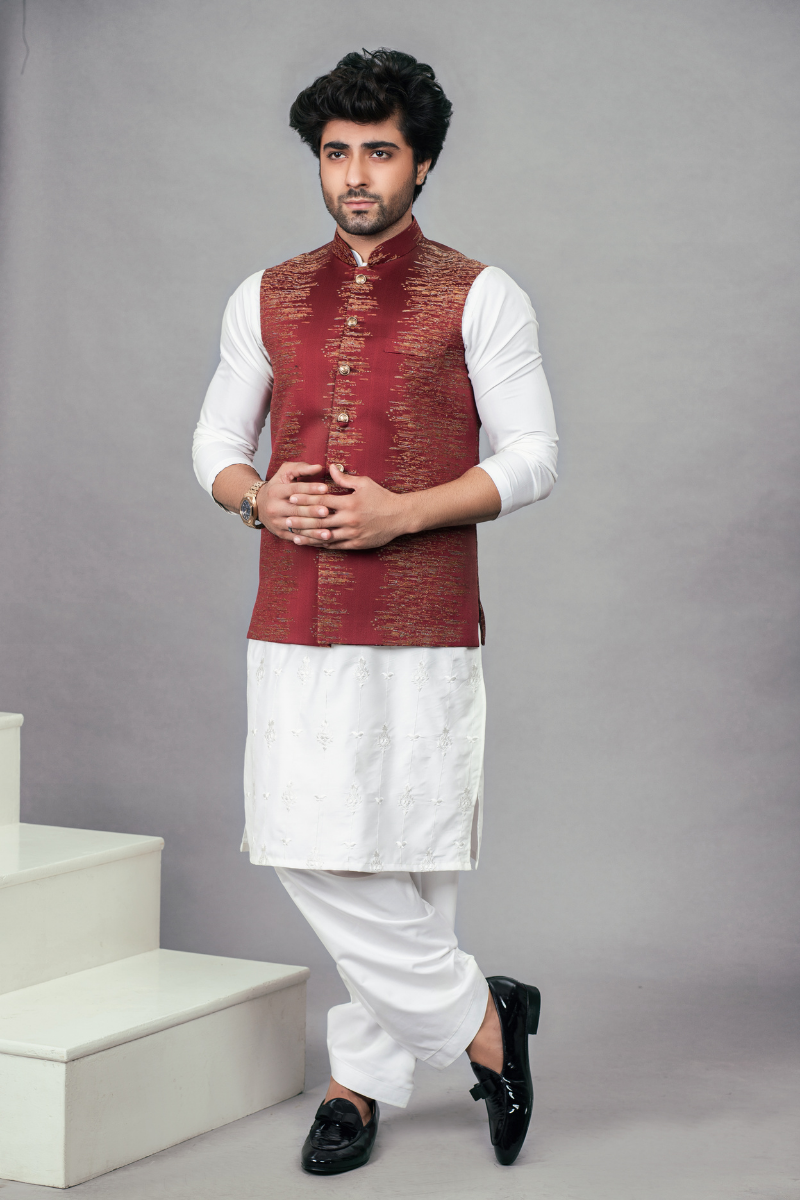 Maroon Self-Embroidered Cotton-Blend Waistcoat (3-Piece) - Image 1