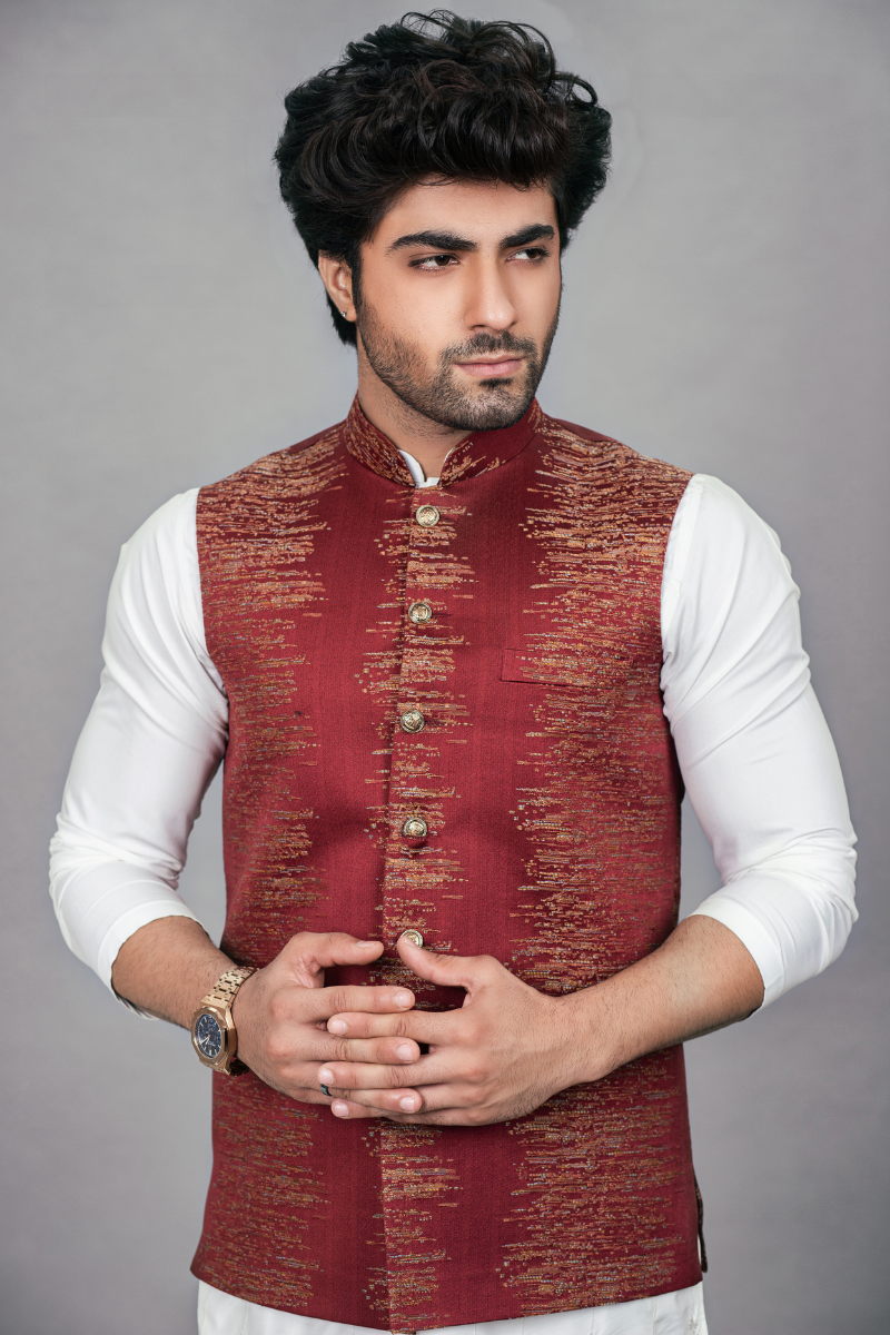 Maroon Self-Embroidered Cotton-Blend Waistcoat (3-Piece) - Image 2