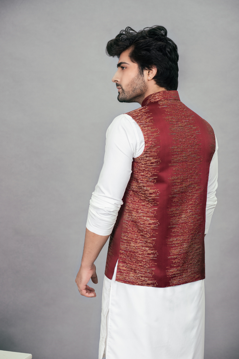 Maroon Self-Embroidered Cotton-Blend Waistcoat (3-Piece) - Image 3