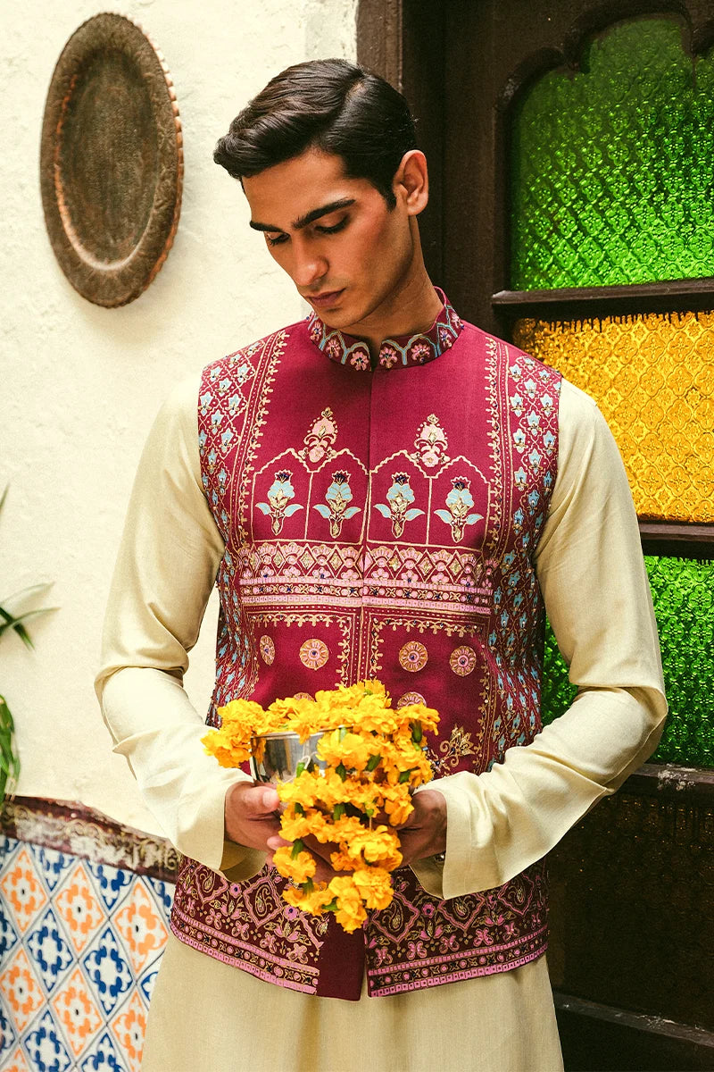 Marjanda Embroidered Cotton-Silk Waistcoat Kurta (3-Piece) - Image 2