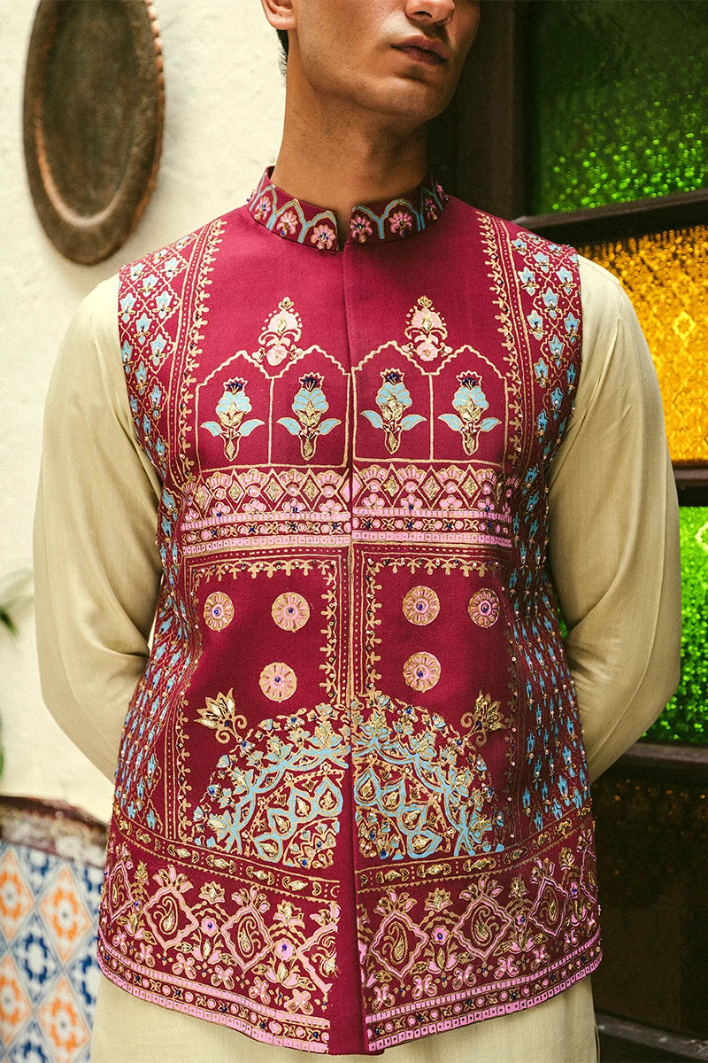 Marjanda Embroidered Cotton-Silk Waistcoat Kurta (3-Piece) - Image 3