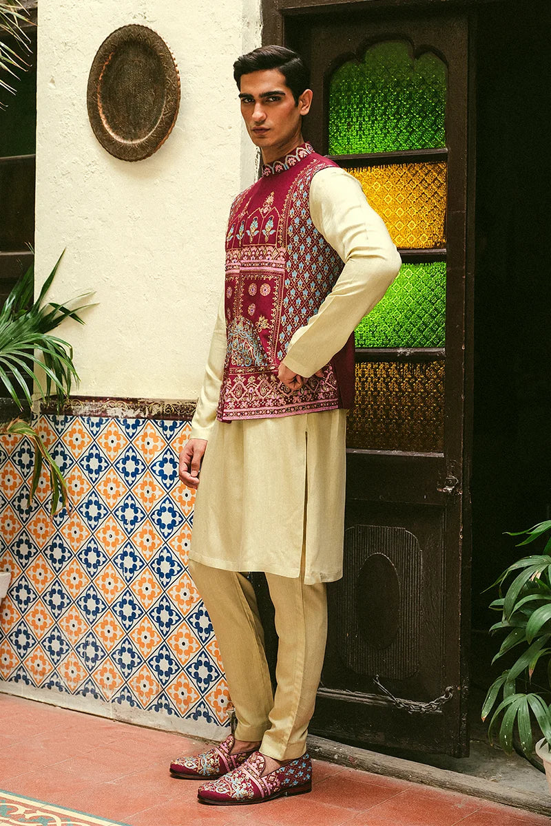 Marjanda Embroidered Cotton-Silk Waistcoat Kurta (3-Piece) - Image 4
